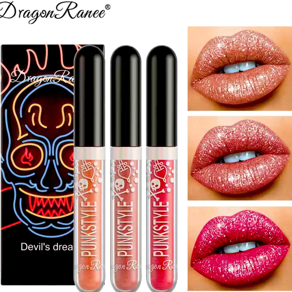 3 Pcs Matte Glitter Diamond Lip Gloss Non-Stick Cup Lipstick Set